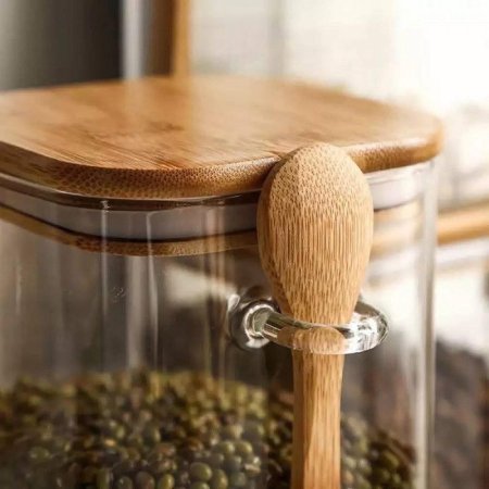 علبة بقوليات زجاج غطاء  خشب مع معلقة